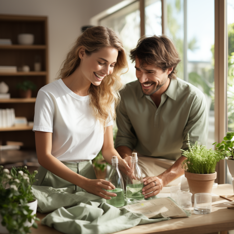 Green Cleaning Supplies: Top Tips to Get Started 2 A couple pours biodegradable cleaning liquid into a reusable spray bottle, showcasing teamwork in a modern, eco-friendly home.